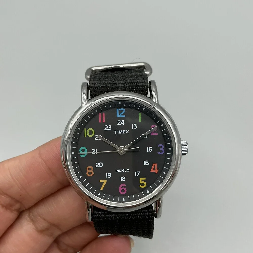 Timex Indiglo T2N855 Mens Watch 38mm Black Dial Nylon WR 30M New Battery